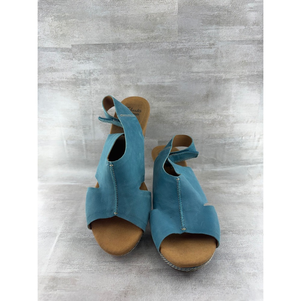 Clarks Teal Blue Nubuck Leather Cork Wedge Sandals Peep Toe Women Sz 11 M